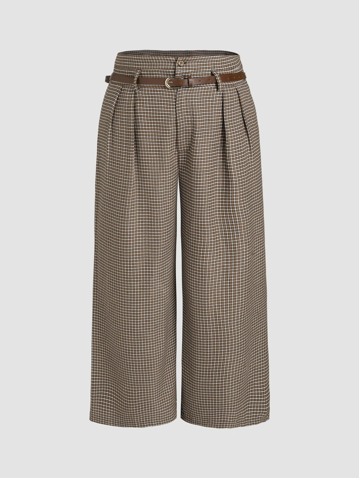 Houndstooth Mid Waist Belted Wide Leg Trousers Curve & Plus