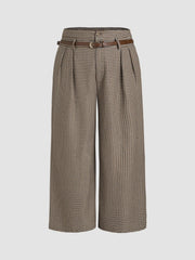 Houndstooth Mid Waist Belted Wide Leg Trousers Curve & Plus