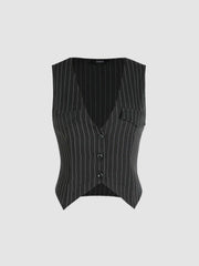 Striped Button Up V-neck Crop Vest