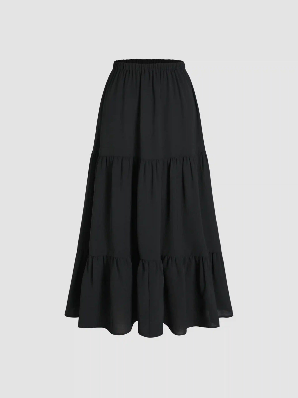 Solid Elastic Waist Ruffle Hem Tiered Maxi Skirt
