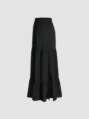 Solid Elastic Waist Ruffle Hem Tiered Maxi Skirt