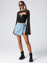 Denim Mid Waist Split Mini Skort