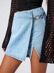 Denim Mid Waist Split Mini Skort