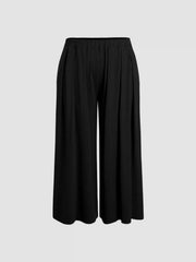 Solid Elastic Waist Pocket Wide Leg Pants Curve & Plus