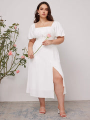 Puff Sleeve Square Neck Midi Dress Curve & Plus