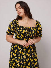 Fruit Square Neck Puff Sleeve Midi Dress Curve & Plus
