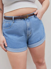 Pocket Denim Shorts With Belt Curve & Plus