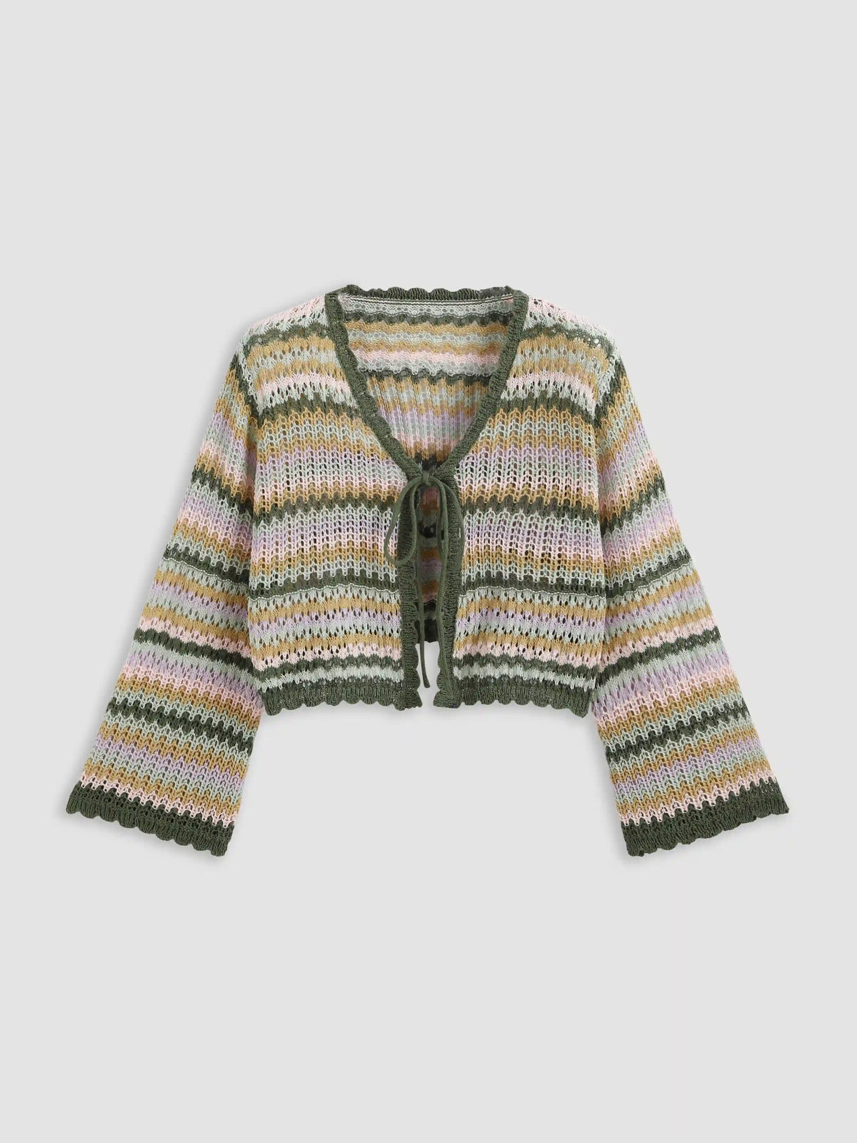 V-neck Striped Lace Up Knitted Long Sleeve Cardigan Curve & Plus