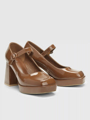 Faux Leather Chunky Heeled Mary Jane Shoes