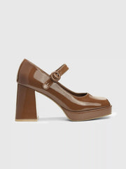 Faux Leather Chunky Heeled Mary Jane Shoes