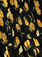Lemon Split Knotted Shirred Midi Dress