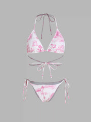Vintage Printed Halter Bikini 3-Piece Set