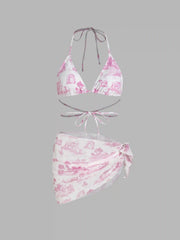 Vintage Printed Halter Bikini 3-Piece Set