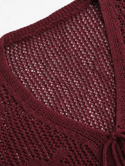 Solid Hollow Out Knit Knotted Cardigan