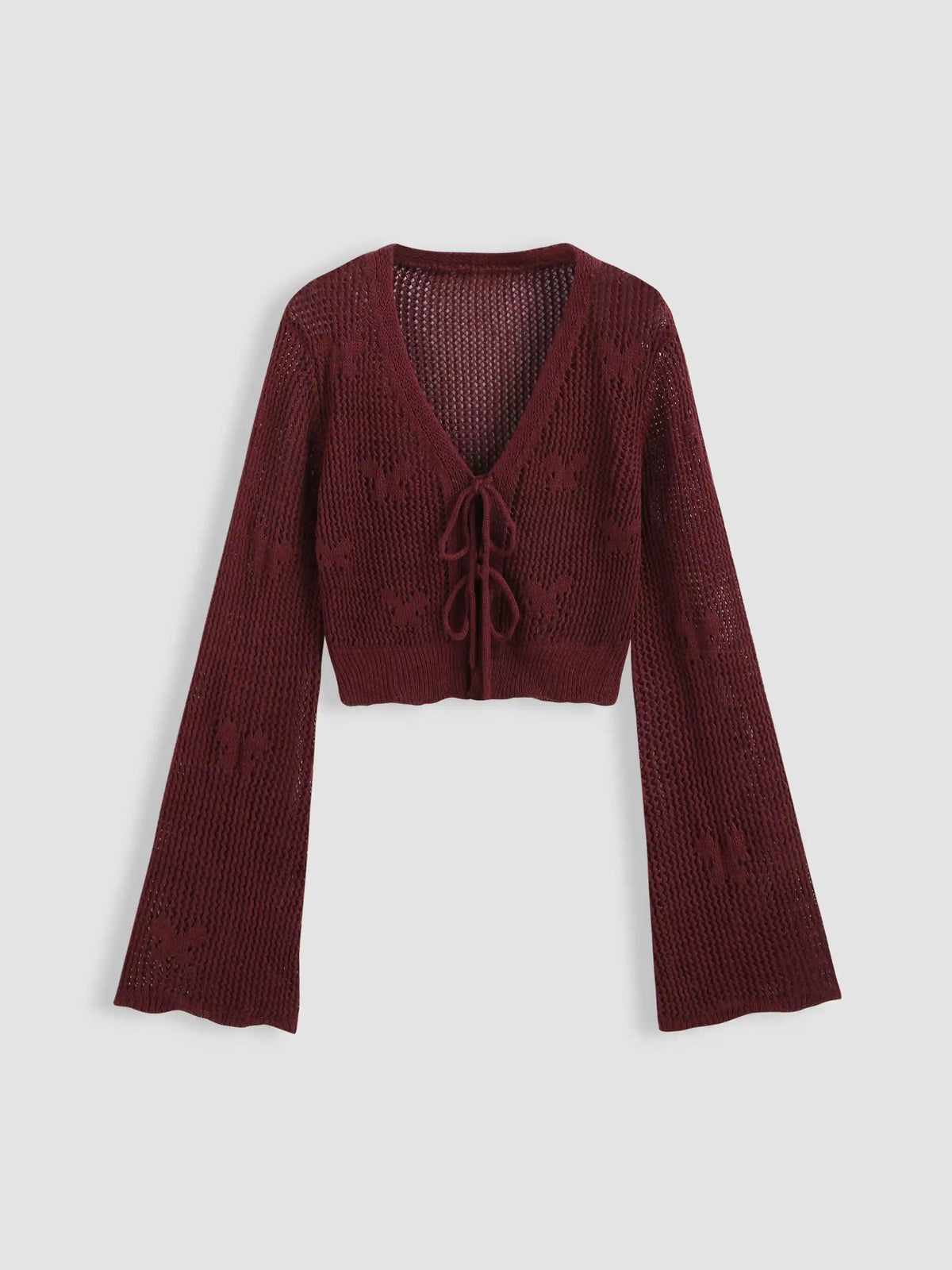 Solid Hollow Out Knit Knotted Cardigan