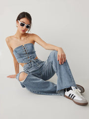 Mid Rise Ripped Straight Leg Jeans