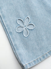 Denim Mid Waist Floral Pocket Wide Leg Jeans
