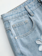 Denim Mid Waist Floral Pocket Wide Leg Jeans