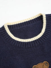 Round Neckline Graphic Bear Long Sleeve Sweater