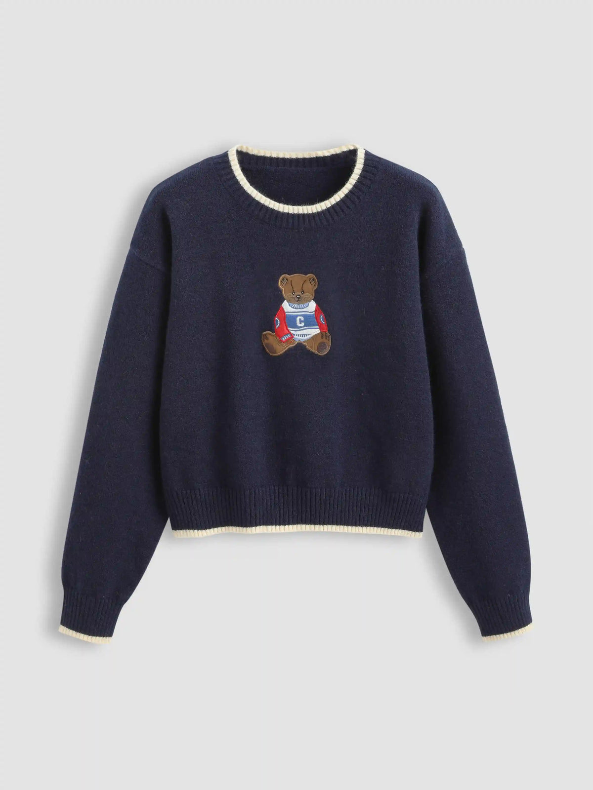 Round Neckline Graphic Bear Long Sleeve Sweater