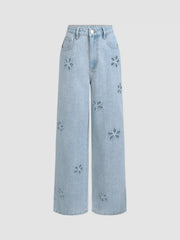 Denim Mid Waist Floral Pocket Wide Leg Jeans