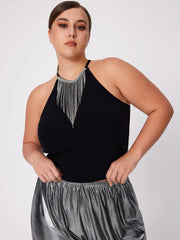 Round Neckline Sequin Tassel Detail Solid Crop Top Curve & Plus