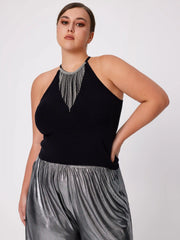 Round Neckline Sequin Tassel Detail Solid Crop Top Curve & Plus
