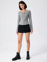 Solid Rib V-neck Long Sleeve Tee