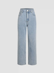 Solid High Rise Pocket Straight Leg Jeans