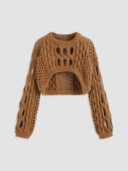 Knit Round Neckline Hollow Out Long Sleeve Crop Top