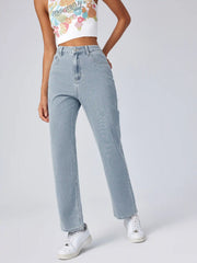 Solid High Rise Pocket Straight Leg Jeans