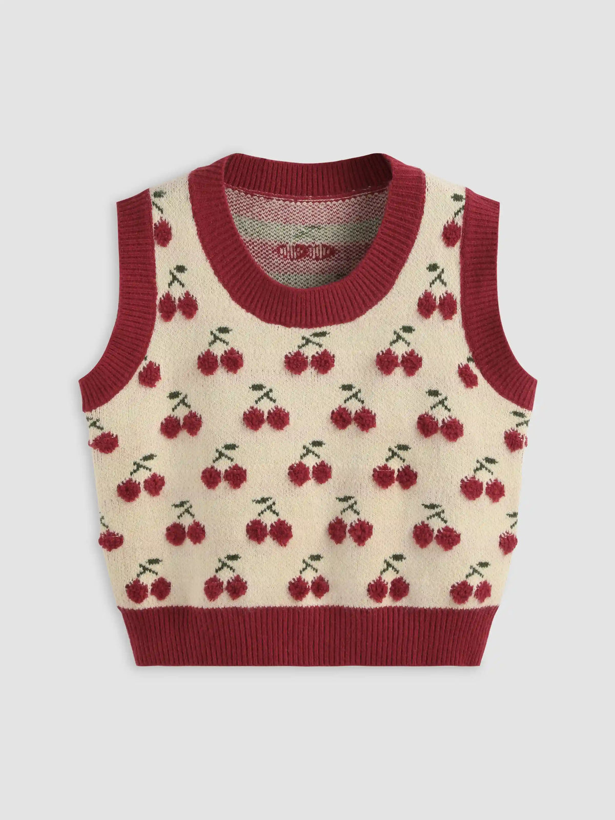 Round Neckline Cherry Knitted Crop Vest