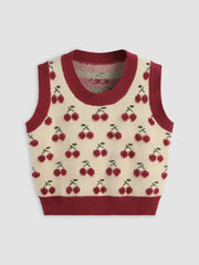 Round Neckline Cherry Knitted Crop Vest