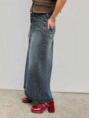 Denim Mid Waist Solid Pocket Maxi Skirt