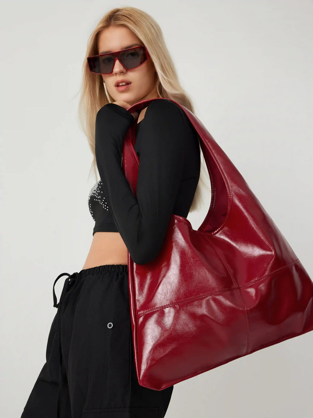 Solid Faux Leather Large Capacity Tote Shopper Bag