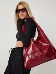 Solid Faux Leather Large Capacity Tote Shopper Bag