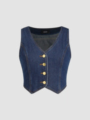 Denim V-neck Button Crop Vest