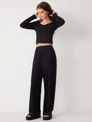 Long Sleeve Button Top & Middle Waist Trousers Loungewear Set