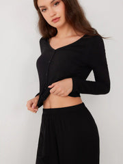 Long Sleeve Button Top & Middle Waist Trousers Loungewear Set