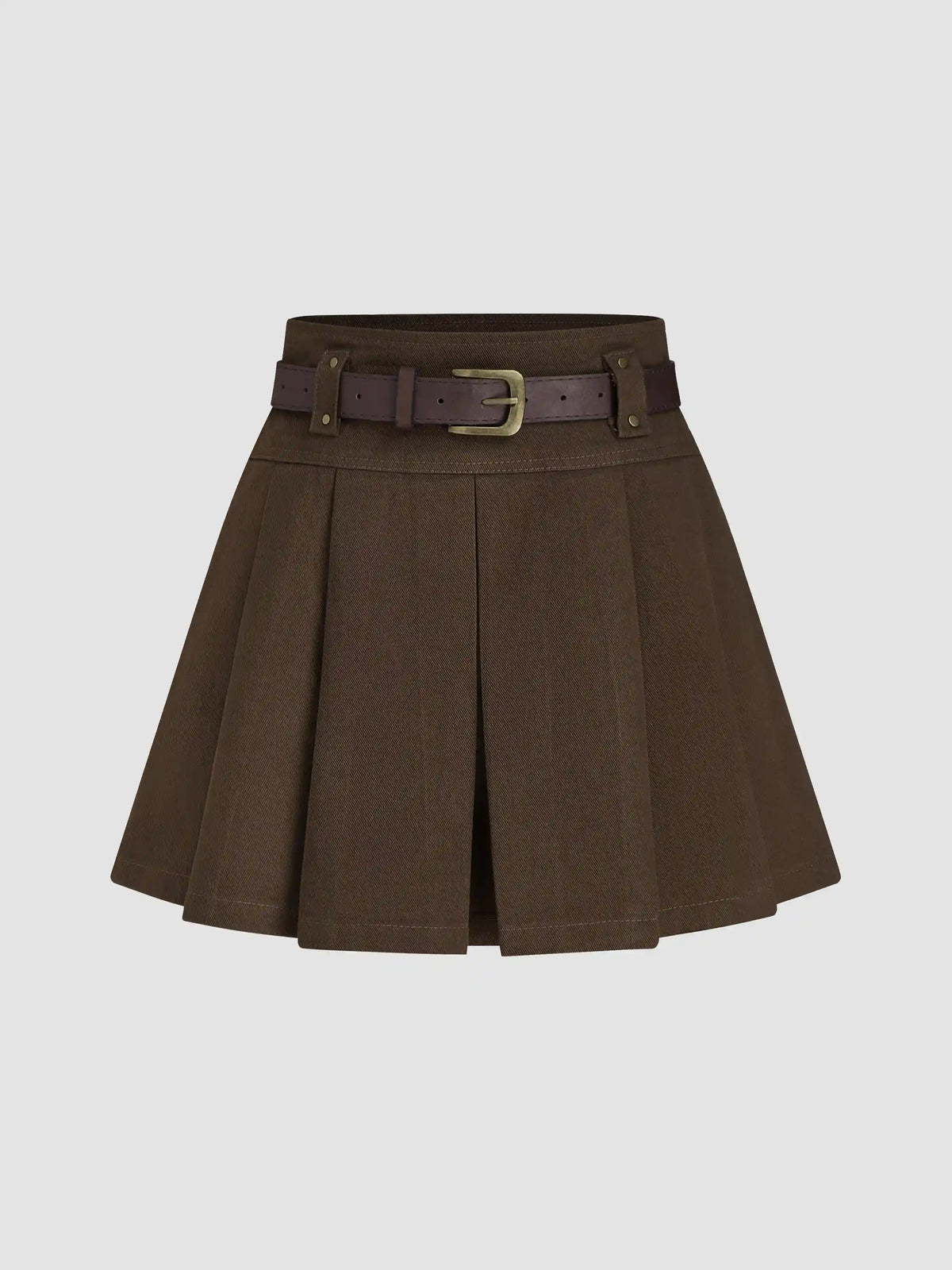 Mid Waist Solid Pleated Skort with Belt