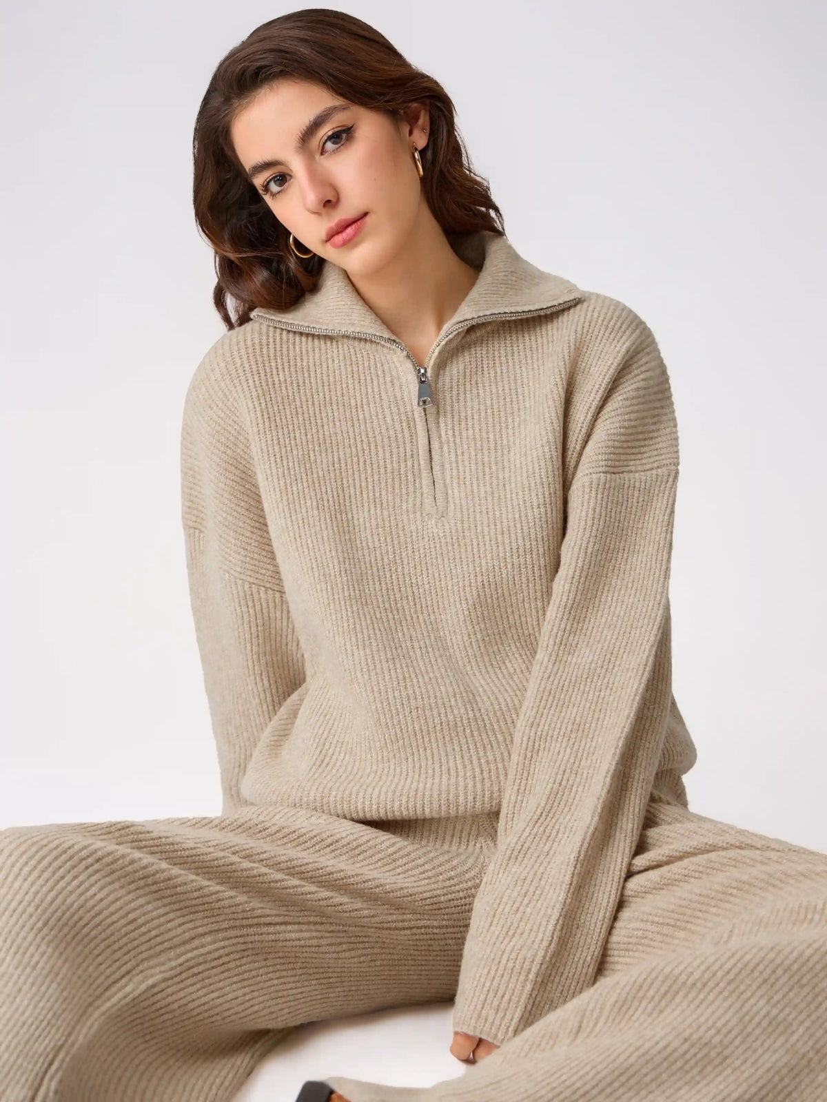 Wool-blend Collar Solid Zipper Knitted Sweater