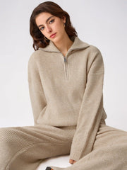 Wool-blend Collar Solid Zipper Knitted Sweater