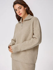 Wool-blend Collar Solid Zipper Knitted Sweater