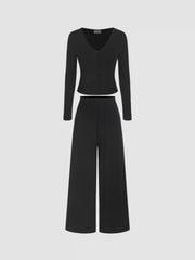 Long Sleeve Button Top & Middle Waist Trousers Loungewear Set