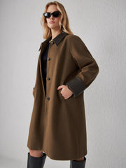 Faux Leather Contrasting Collar Long Barn Jacket