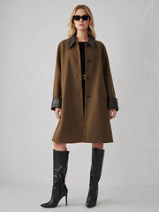 Faux Leather Contrasting Collar Long Barn Jacket