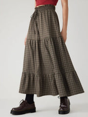 Elastic Waist Check Knotted Tiered Maxi Skirt