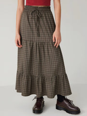 Elastic Waist Check Knotted Tiered Maxi Skirt