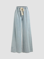 Petite Denim High Waist Solid Tie Front Wide Leg Trousers
