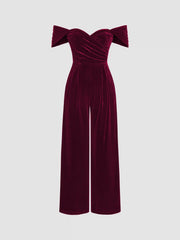 Velvet Off-shoulder Solid Ruched Jumpsuit